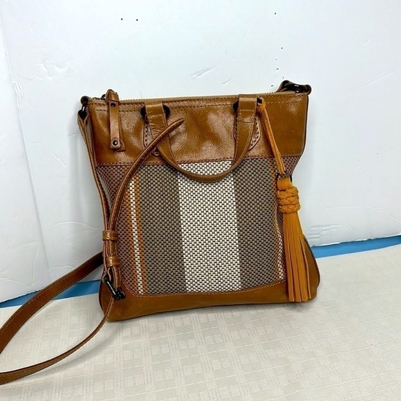 FRYE MELISSA LEATHER WOVEN STRIPED TOP HANDLE ZIP CROSSBODY SMALL TOTE BAG - Picture 3 of 12